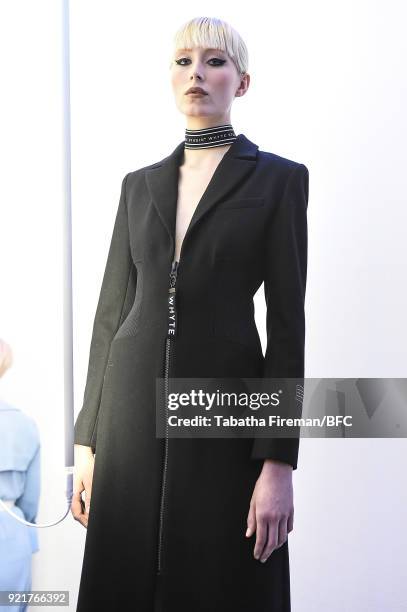 Model poses at the Whyte Studio Freestyle Event during London Fashion Week February 2018 at The White Space on February 20, 2018 in London, England.