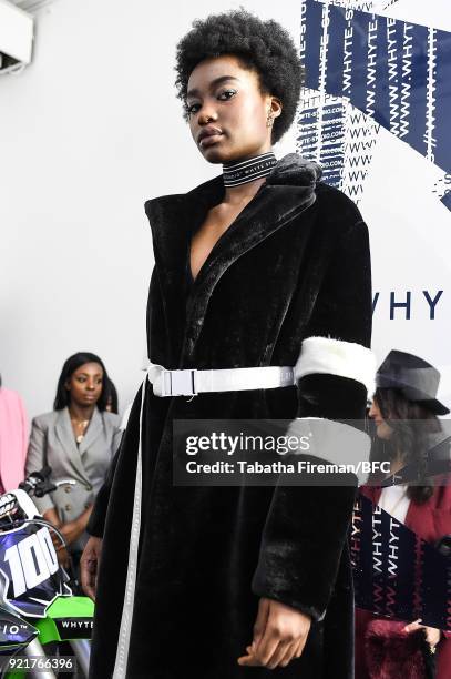 Model poses at the Whyte Studio Freestyle Event during London Fashion Week February 2018 at The White Space on February 20, 2018 in London, England.