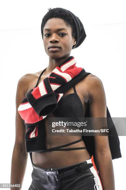 Model poses at the Whyte Studio Freestyle Event during London Fashion Week February 2018 at The White Space on February 20, 2018 in London, England.