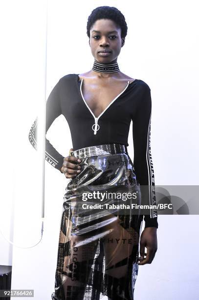 Model poses at the Whyte Studio Freestyle Event during London Fashion Week February 2018 at The White Space on February 20, 2018 in London, England.