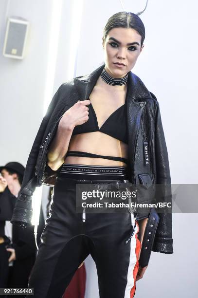 Model poses at the Whyte Studio Freestyle Event during London Fashion Week February 2018 at The White Space on February 20, 2018 in London, England.