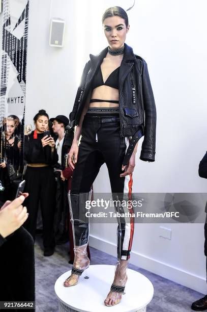 Model poses at the Whyte Studio Freestyle Event during London Fashion Week February 2018 at The White Space on February 20, 2018 in London, England.