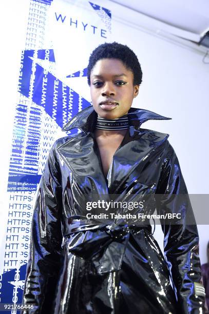 Model poses at the Whyte Studio Freestyle Event during London Fashion Week February 2018 at The White Space on February 20, 2018 in London, England.