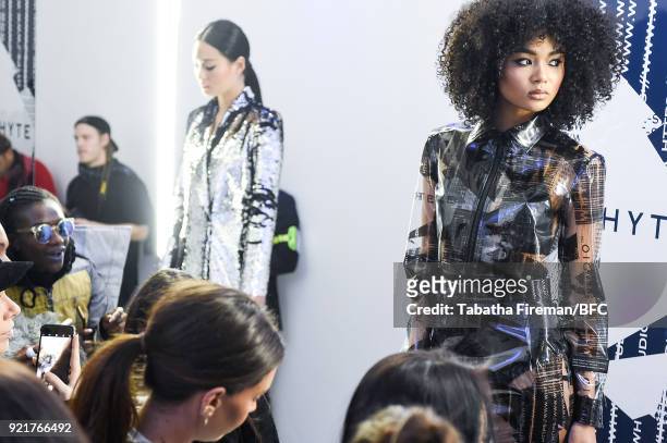 Models pose at the Whyte Studio Freestyle Event during London Fashion Week February 2018 at The White Space on February 20, 2018 in London, England.