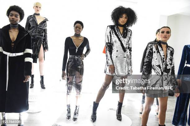 Models pose at the Whyte Studio Freestyle Event during London Fashion Week February 2018 at The White Space on February 20, 2018 in London, England.