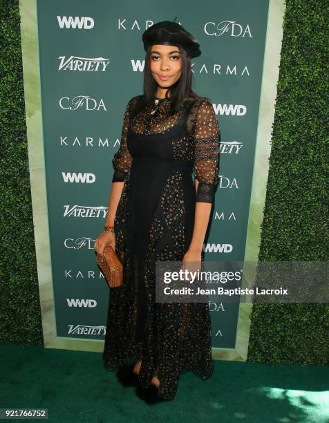 Aurora James arrives to the Council of Fashion Designers of America luncheon held at Chateau Marmont on February 20, 2018 in Los Angeles, California.