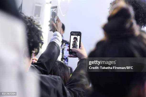 Guests are seen at the Whyte Studio Freestyle Event during London Fashion Week February 2018 at The White Space on February 20, 2018 in London,...