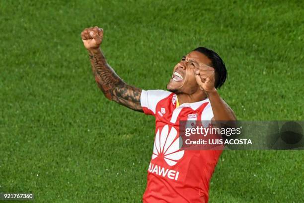 Colombian Independiente Santa Fe forward Wilson Morelo celebrates his goal against Chilean Santiago Wanderers during their 2018 Copa Libertadores...