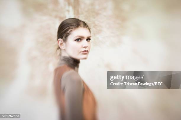 Model poses at the Merchant Archive Presentation during London Fashion Week February 2018 on February 20, 2018 in London, England.