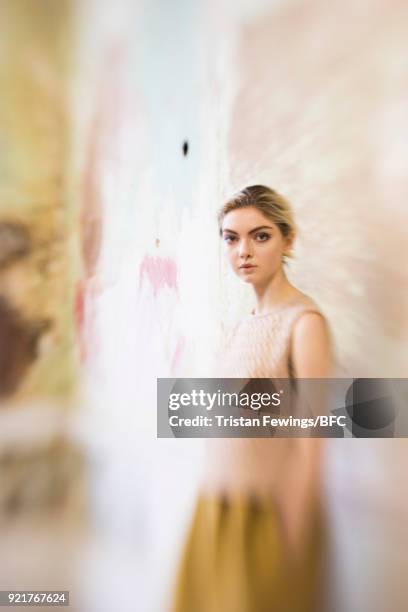 Model poses at the Merchant Archive Presentation during London Fashion Week February 2018 on February 20, 2018 in London, England.