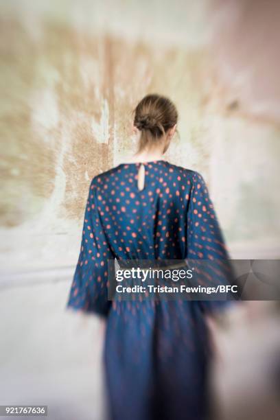 Model poses at the Merchant Archive Presentation during London Fashion Week February 2018 on February 20, 2018 in London, England.