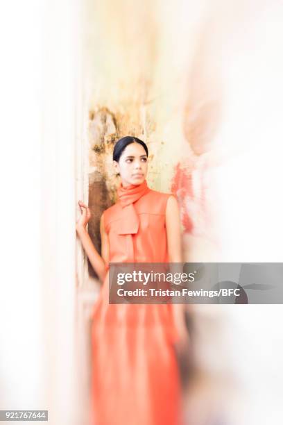 Model poses at the Merchant Archive Presentation during London Fashion Week February 2018 on February 20, 2018 in London, England.