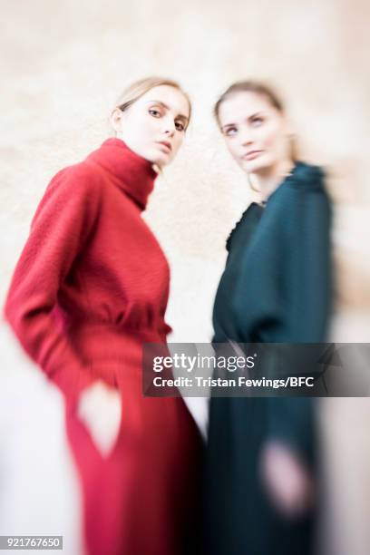 Models pose at the Merchant Archive Presentation during London Fashion Week February 2018 on February 20, 2018 in London, England.
