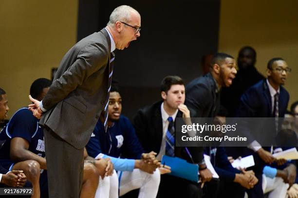 Head coach Dan Hurley of the Rhode Island Rams yells to his team against the La Salle Explorers during the first half at Tom Gola Arena on February...