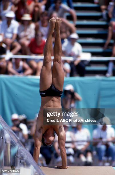 Los Angeles, CA Greg Louganis, Men's 10 metre platform competition, McDonald's Olympic Swim Stadium, at the 1984 Summer Olympics, August 12, 1984.