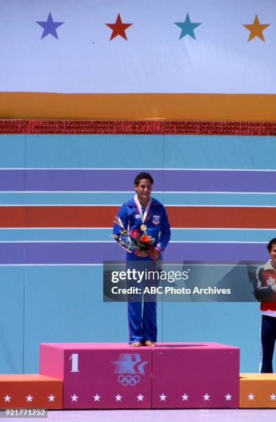 Los Angeles, CA Greg Louganis, Men's 10 metre platform medal ceremony, McDonald's Olympic Swim Stadium, at the 1984 Summer Olympics, August 12, 1984.