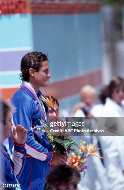 Los Angeles, CA Bruce Kimball, Greg Louganis, Li Kongzheng, Men's 10 metre platform medal ceremony, McDonald's Olympic Swim Stadium, at the 1984...