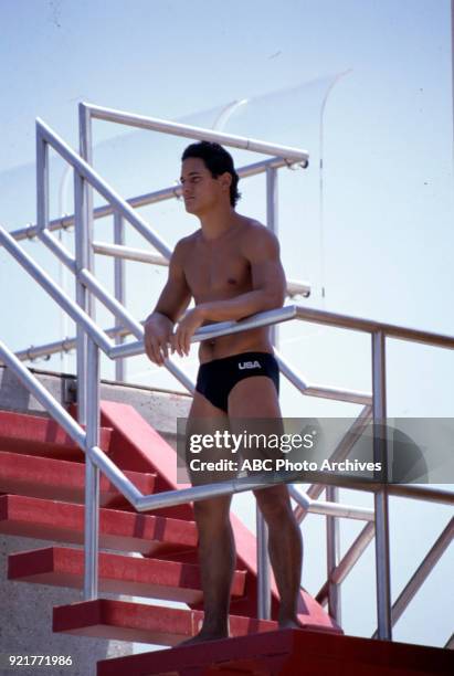 Los Angeles, CA Greg Louganis, Men's 10 metre platform competition, McDonald's Olympic Swim Stadium, at the 1984 Summer Olympics, August 12, 1984.