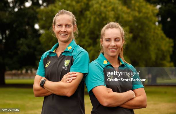 Meg Lanning and Sophie Molineux pose during a Cricket Australia media opportunity at the Melbourne Cricket Ground on February 21, 2018 in Melbourne,...