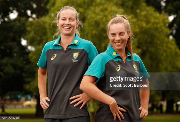 Meg Lanning and Sophie Molineux pose during a Cricket Australia media opportunity at the Melbourne Cricket Ground on February 21, 2018 in Melbourne,...