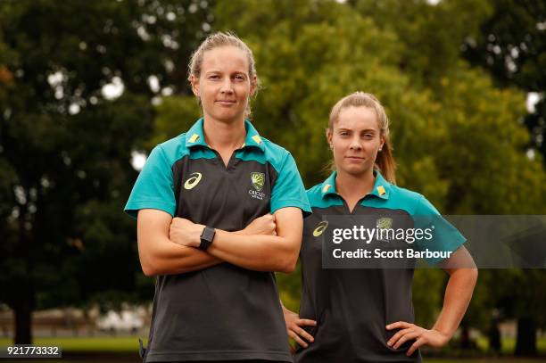 Meg Lanning and Sophie Molineux pose during a Cricket Australia media opportunity at the Melbourne Cricket Ground on February 21, 2018 in Melbourne,...