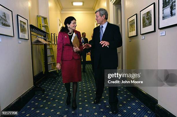 Senate Finance Chairman Max Baucus , and Sen. Olympia Snowe speak before meeting privately at the Capitol October 21, 2009 in Washington, DC. Snowe...