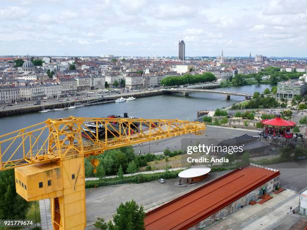 Nantes on : aerial view of the 'Parc des Chantiers' and the Machines of the Isle of Nantes with the Titan Crane and the Marine World's Carrousel.