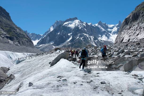 Chamonix-Mont-Blanc . Amateur mountaineers on the valley glacier 'Mer de Glace' with the Aiguille du Tacul and Grandes Jorasses mountains in the...