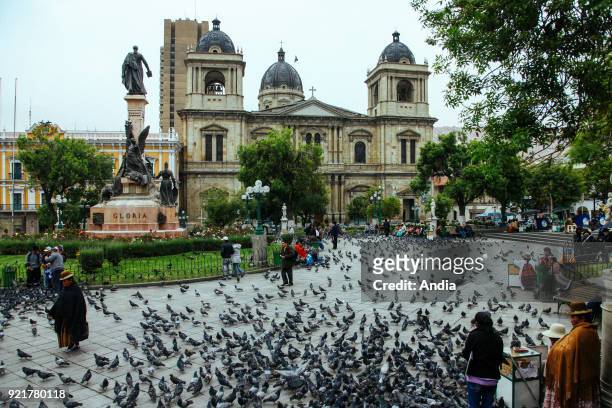 La Paz , 2011: La Paz Cathedral, Cathedral Basilica of Our Lady of Peace viewed from the 'plaza Murillo' square covered in pigeons.