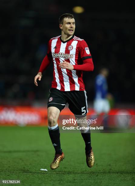 Andreas Bjelland of Brentford during the Sky Bet Championship match between Brentford and Birmingham City at Griffin Park on February 20, 2018 in...