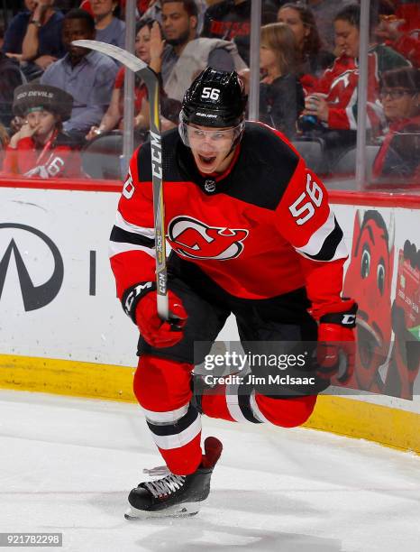 Blake Pietila of the New Jersey Devils skates in the second period against the Columbus Blue Jackets on February 20, 2018 at Prudential Center in...