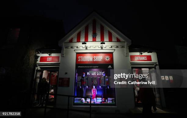 General view of the club shop before the Sky Bet Championship match between Brentford and Birmingham City at Griffin Park on February 20, 2018 in...