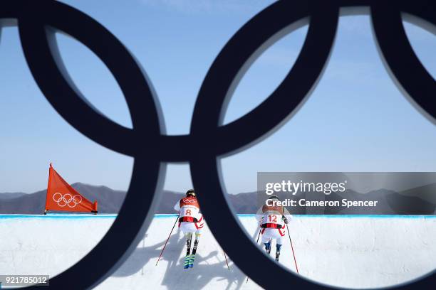 Christoph Wahrstoetter of Austria and Thomas Zangerl of Austria train ahead of the Freestyle Skiing Men's Ski Cross Seeding on day 12 of the...