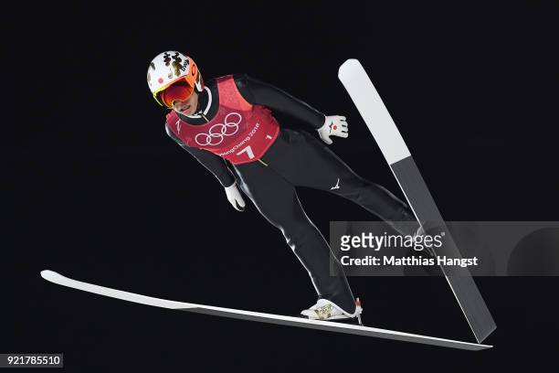 Taku Takeuchi of Japan competes during the Ski Jumping - Men's Team large hill on day 10 of the PyeongChang 2018 Winter Olympic Games at Alpensia Ski...