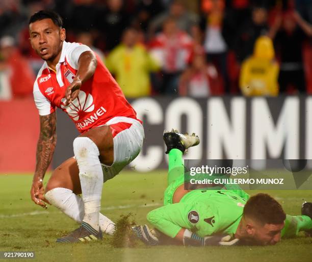 Colombia's Santa Fe player Wilson Morelo reacts after scoring a goal against Chile's Santiago Wanderers during their Copa Libertadores football match...