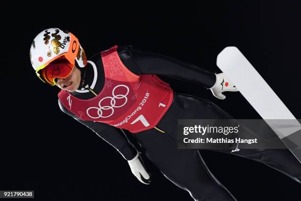 Taku Takeuchi of Japan competes during the Ski Jumping - Men's Team large hill on day 10 of the PyeongChang 2018 Winter Olympic Games at Alpensia Ski...