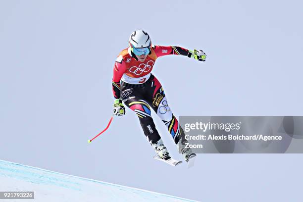 Tina Weirather of Liechtenstein in action during the Alpine Skiing Women's Downhill at Jeongseon Alpine Centre on February 21, 2018 in...
