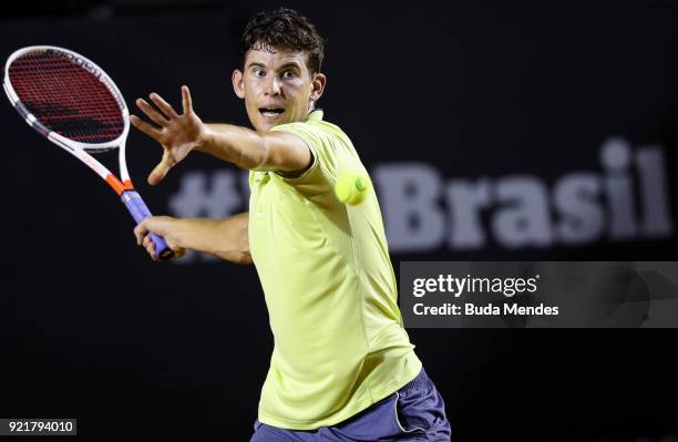 Dominic Thiem of Austria returns a shot to Dusan Lajovic of Serbia during the ATP Rio Open 2018 at Jockey Club Brasileiro on February 20, 2018 in Rio...