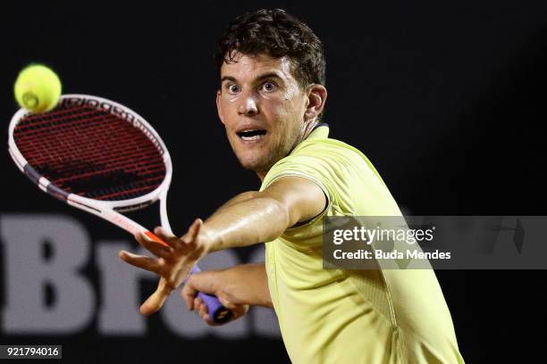 Dominic Thiem of Austria returns a shot to Dusan Lajovic of Serbia during the ATP Rio Open 2018 at Jockey Club Brasileiro on February 20, 2018 in Rio...