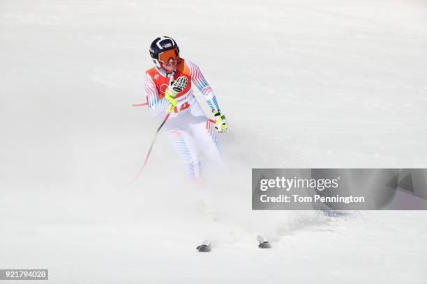 Alice McKennis of the United States reacts at the finish during the Ladies' Downhill on day 12 of the PyeongChang 2018 Winter Olympic Games at...
