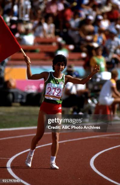 Los Angeles, CA Nawal El Moutawakel, Women's Track 400 metres hurdles competition, Memorial Coliseum, at the 1984 Summer Olympics, August 5, 1984.