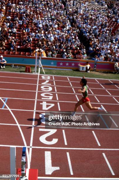 Los Angeles, CA Nawal El Moutawakel, Women's Track 400 metres hurdles competition, Memorial Coliseum, at the 1984 Summer Olympics, August 5, 1984.