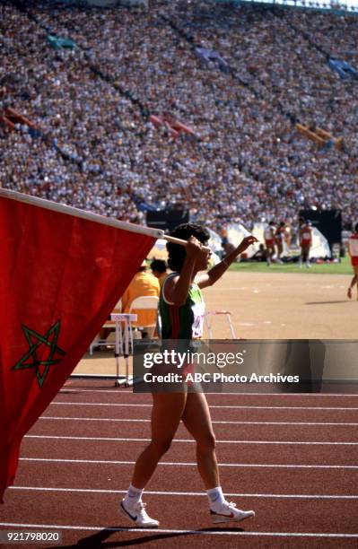 Los Angeles, CA Nawal El Moutawakel, Women's Track 400 metres hurdles competition, Memorial Coliseum, at the 1984 Summer Olympics, August 5, 1984.