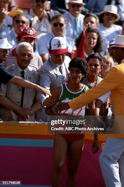 Los Angeles, CA Nawal El Moutawakel, Women's Track 400 metres hurdles competition, Memorial Coliseum, at the 1984 Summer Olympics, August 5, 1984.