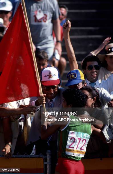 Los Angeles, CA Nawal El Moutawakel, Women's Track 400 metres hurdles competition, Memorial Coliseum, at the 1984 Summer Olympics, August 5, 1984.