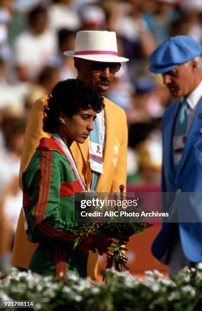 Los Angeles, CA Nawal El Moutawakel, Women's Track 400 metres hurdles medal ceremony, Memorial Coliseum, at the 1984 Summer Olympics, August 5, 1984.