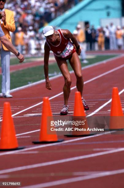 Los Angeles, CA Gabriela Andersen-Schiess, Women's Track marathon competition, Memorial Coliseum, at the 1984 Summer Olympics, August 5, 1984.