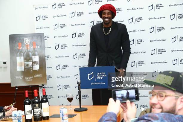Basketball player Amar'e Stoudemire talks to press during "Stoudemire Wines" launch reception with the Jewish National Fund at Ronald S. Lauder JNF...