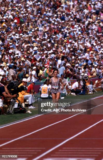 Los Angeles, CA Joan Benoit, Women's Track marathon competition, Memorial Coliseum, at the 1984 Summer Olympics, August 5, 1984.