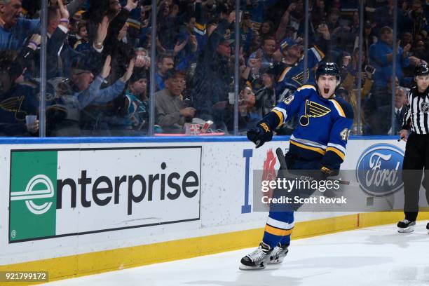 Ivan Barbashev of the St. Louis Blues celebrates his goal against the San Jose Sharks at Scottrade Center on February 20, 2018 in St. Louis, Missouri.